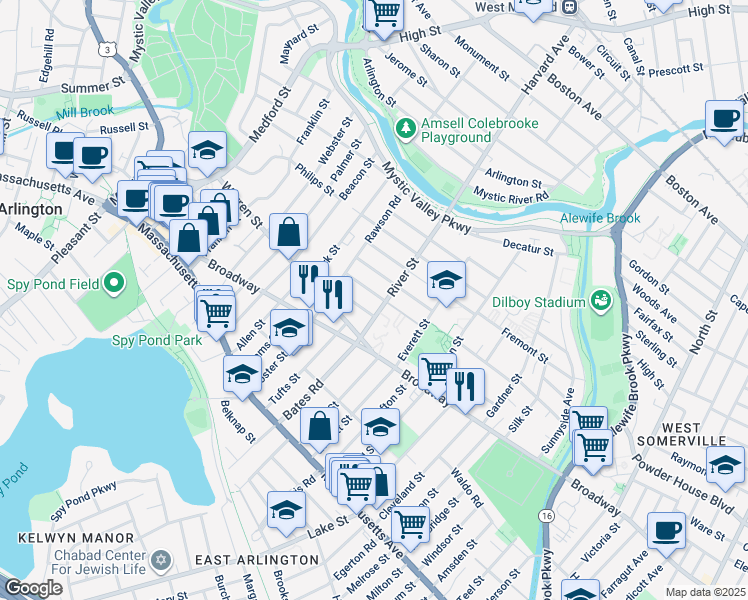 map of restaurants, bars, coffee shops, grocery stores, and more near 11 Amherst Street in Arlington