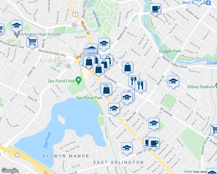 map of restaurants, bars, coffee shops, grocery stores, and more near 14 Palmer Street in Arlington