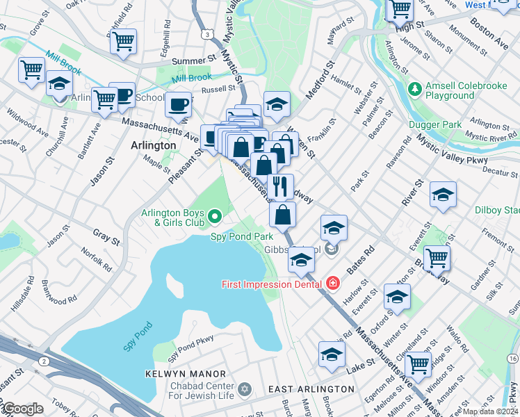 map of restaurants, bars, coffee shops, grocery stores, and more near 382 Massachusetts Avenue in Arlington