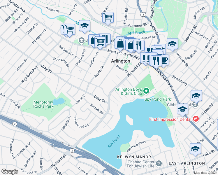 map of restaurants, bars, coffee shops, grocery stores, and more near 17 Irving Street in Arlington