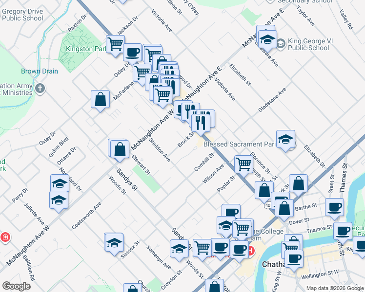 map of restaurants, bars, coffee shops, grocery stores, and more near 51 Brock Street in Chatham