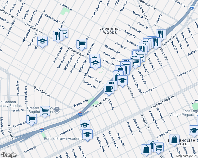 map of restaurants, bars, coffee shops, grocery stores, and more near 9344 Courville Street in Detroit