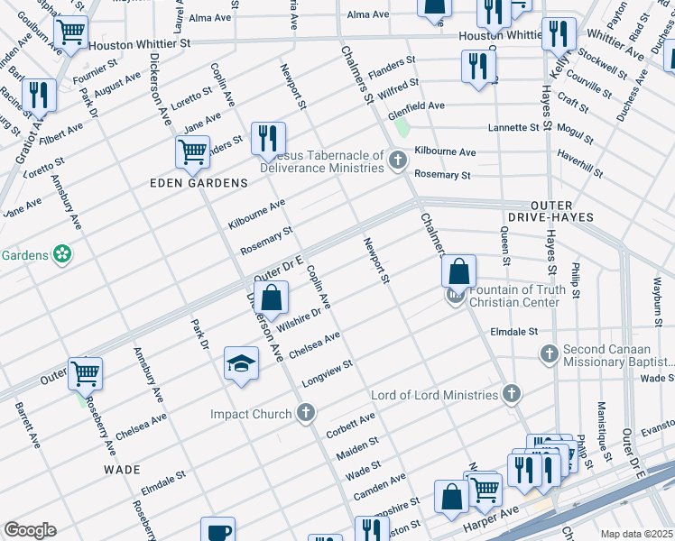 map of restaurants, bars, coffee shops, grocery stores, and more near 13319 Promenade Avenue in Detroit