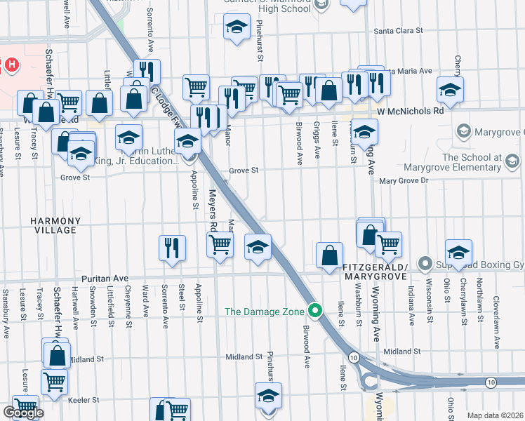 map of restaurants, bars, coffee shops, grocery stores, and more near 16540 James Couzens Freeway in Detroit