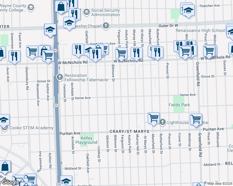 map of restaurants, bars, coffee shops, grocery stores, and more near 16719 Biltmore Street in Detroit