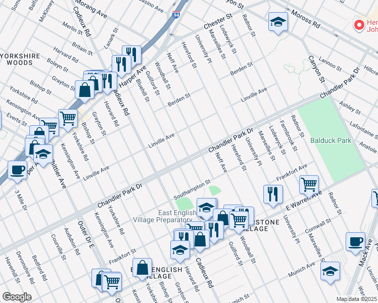 map of restaurants, bars, coffee shops, grocery stores, and more near 5722 Guilford St in Detroit