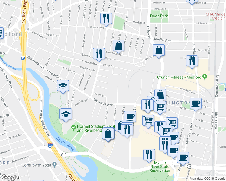 map of restaurants, bars, coffee shops, grocery stores, and more near 20 Sycamore Avenue in Medford
