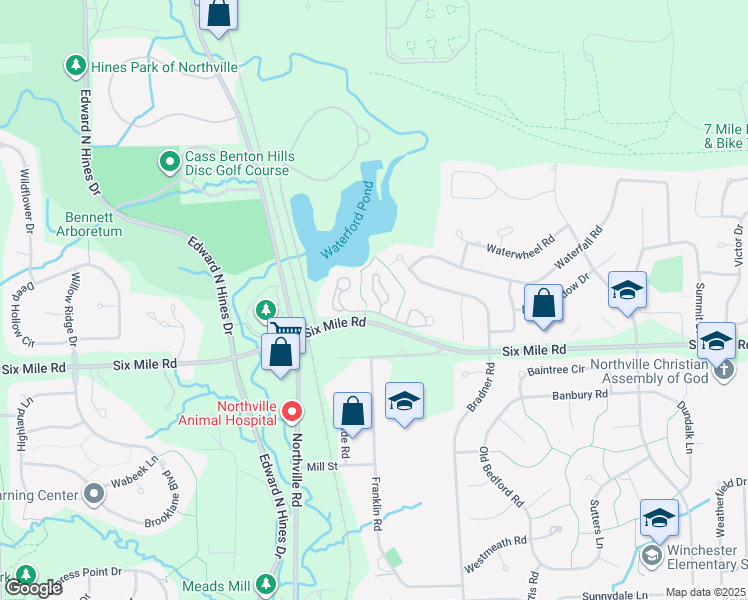 map of restaurants, bars, coffee shops, grocery stores, and more near 17311 Hidden Lake Way in Northville