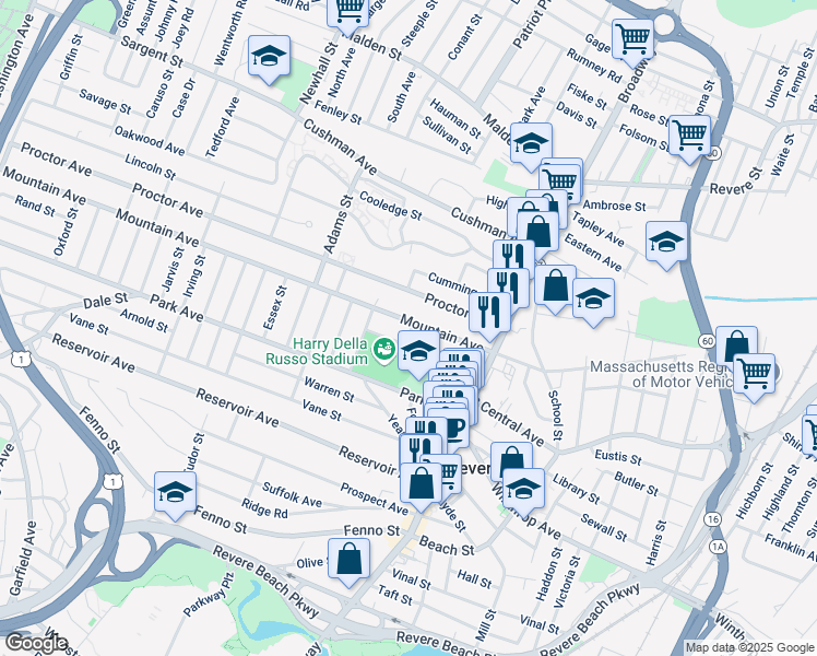 map of restaurants, bars, coffee shops, grocery stores, and more near 144 Mountain Avenue in Revere