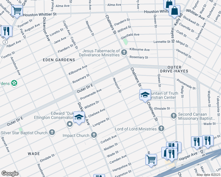 map of restaurants, bars, coffee shops, grocery stores, and more near 13392 Promenade Avenue in Detroit