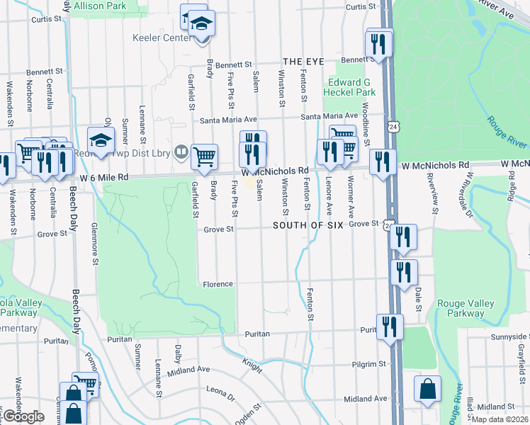 map of restaurants, bars, coffee shops, grocery stores, and more near 16840 Salem in Detroit