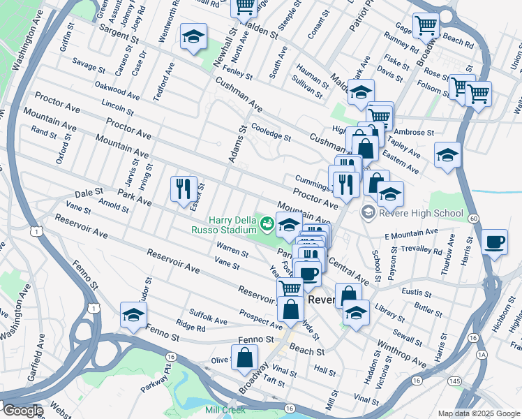 map of restaurants, bars, coffee shops, grocery stores, and more near 121 Fernwood Ave in Revere