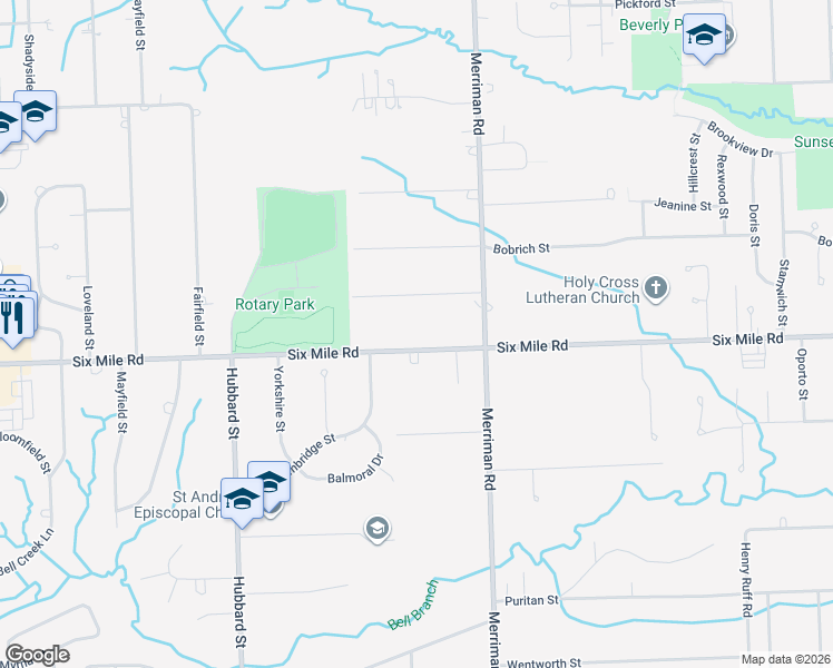 map of restaurants, bars, coffee shops, grocery stores, and more near 31550 Six Mile Road in Livonia