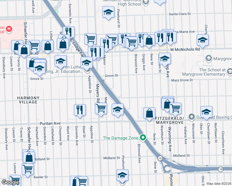 map of restaurants, bars, coffee shops, grocery stores, and more near 16540 James Couzens Freeway in Detroit