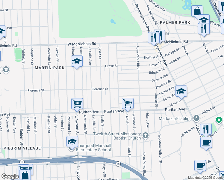 map of restaurants, bars, coffee shops, grocery stores, and more near 16256 Inverness Street in Detroit