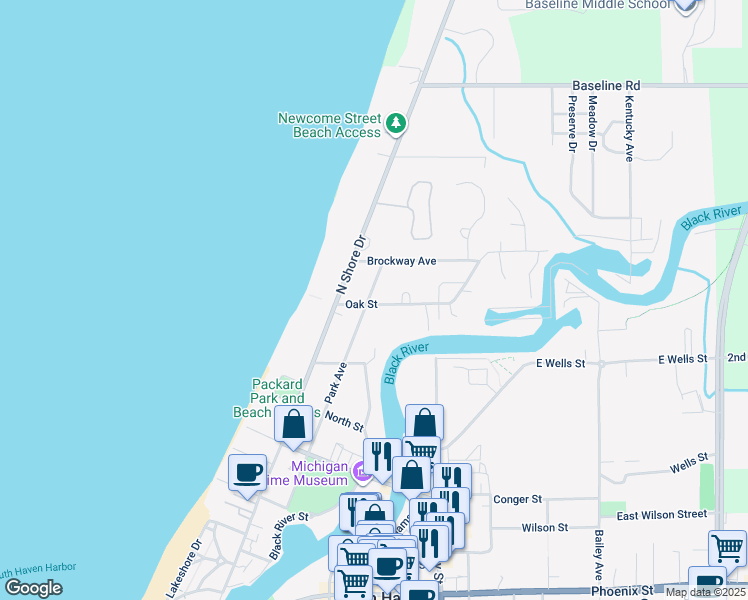 map of restaurants, bars, coffee shops, grocery stores, and more near 205 Oak Street in South Haven