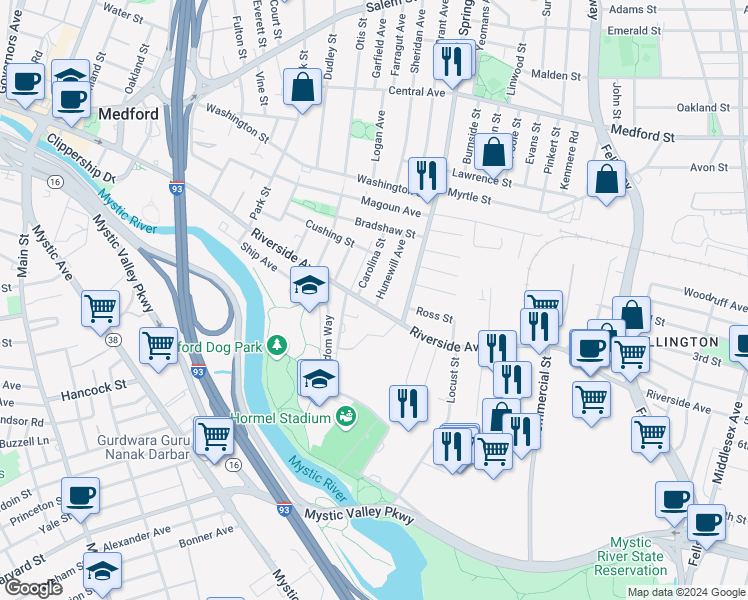 map of restaurants, bars, coffee shops, grocery stores, and more near 306 Riverside Avenue in Medford
