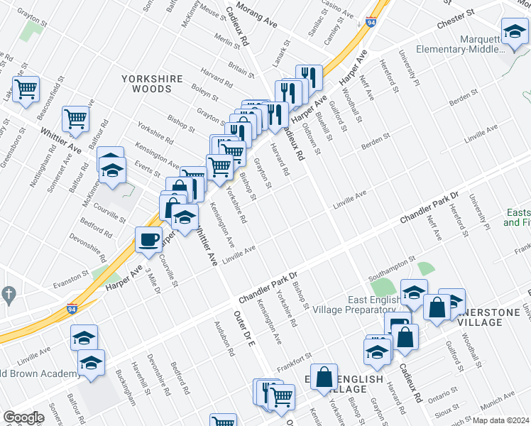 map of restaurants, bars, coffee shops, grocery stores, and more near 5974 Bishop Street in Detroit