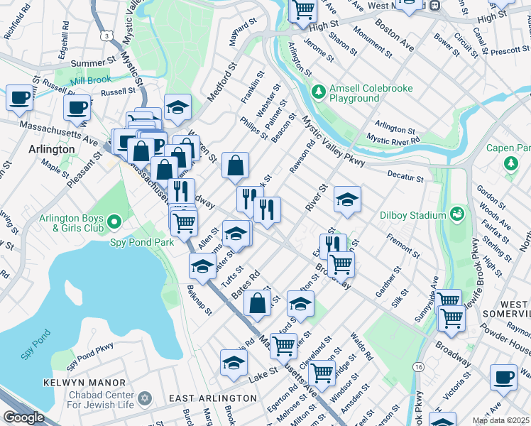 map of restaurants, bars, coffee shops, grocery stores, and more near 47 Warren Street in Arlington