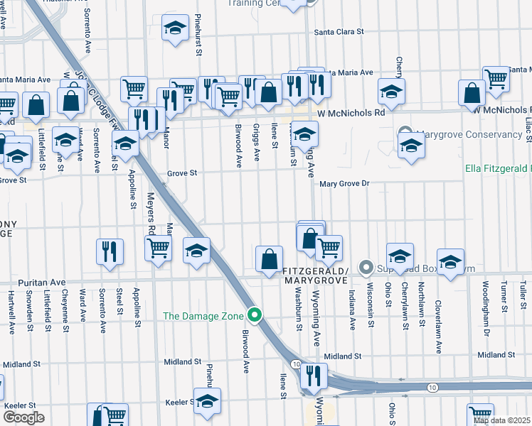 map of restaurants, bars, coffee shops, grocery stores, and more near 16526 Griggs Street in Detroit