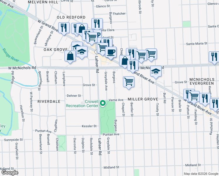 map of restaurants, bars, coffee shops, grocery stores, and more near 16786 Greydale Avenue in Detroit