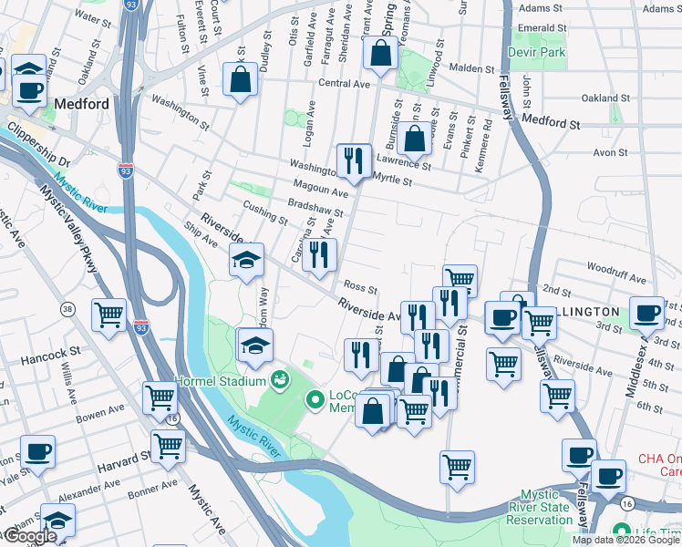 map of restaurants, bars, coffee shops, grocery stores, and more near 19 Spring Street in Medford
