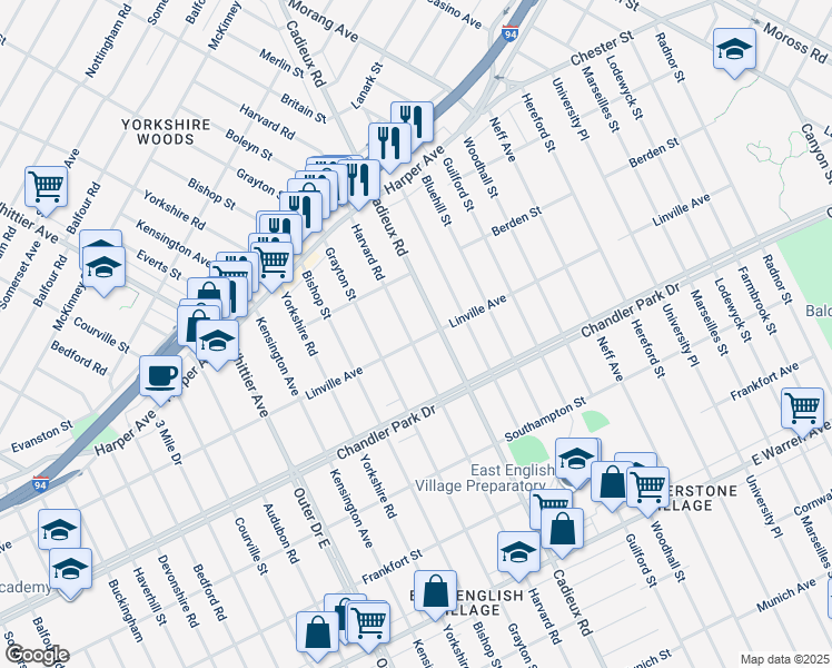 map of restaurants, bars, coffee shops, grocery stores, and more near 5876 Harvard Road in Detroit