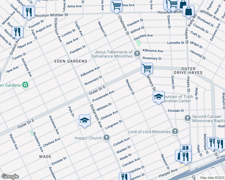 map of restaurants, bars, coffee shops, grocery stores, and more near 13319 Promenade Avenue in Detroit