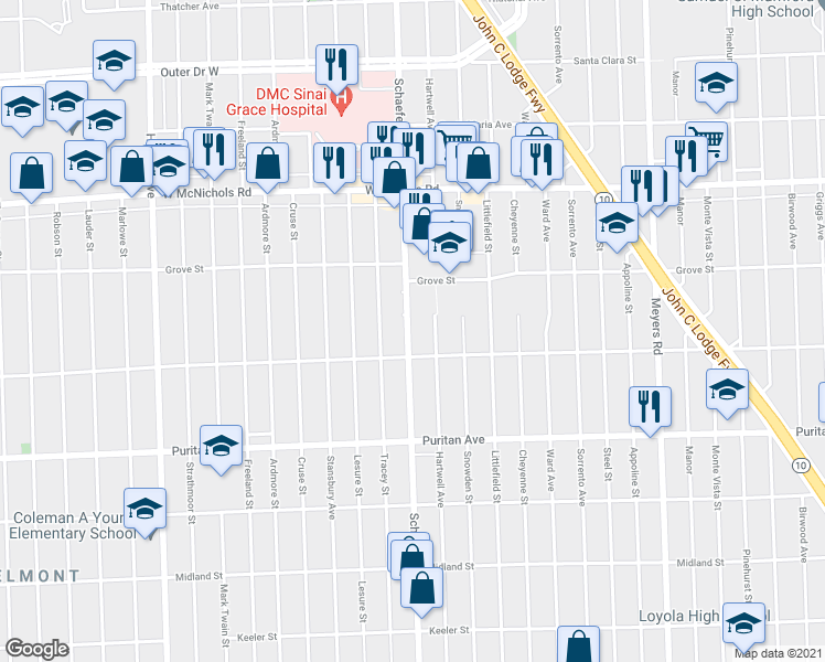 map of restaurants, bars, coffee shops, grocery stores, and more near 16530 Schaefer Highway in Detroit