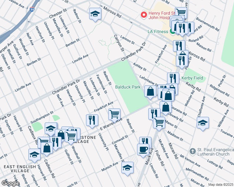 map of restaurants, bars, coffee shops, grocery stores, and more near 5236 Radnor Street in Detroit