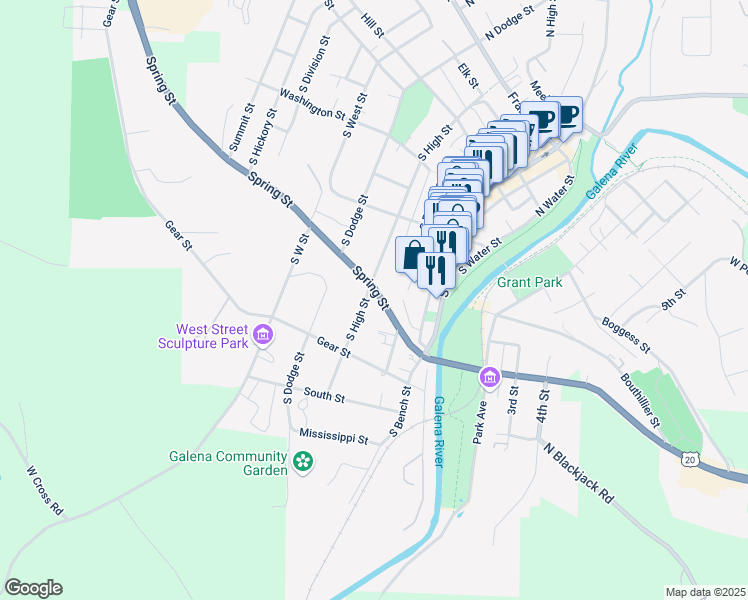 map of restaurants, bars, coffee shops, grocery stores, and more near 342 Spring Street in Galena