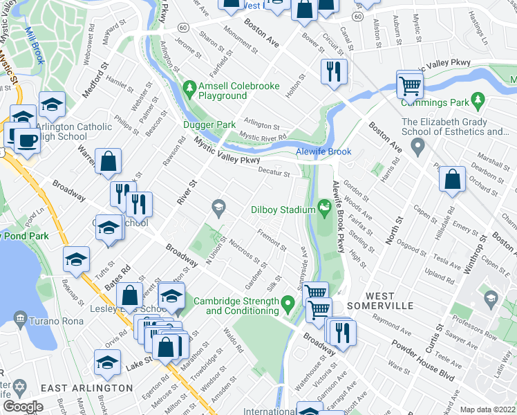 map of restaurants, bars, coffee shops, grocery stores, and more near 49 Fremont Court in Arlington