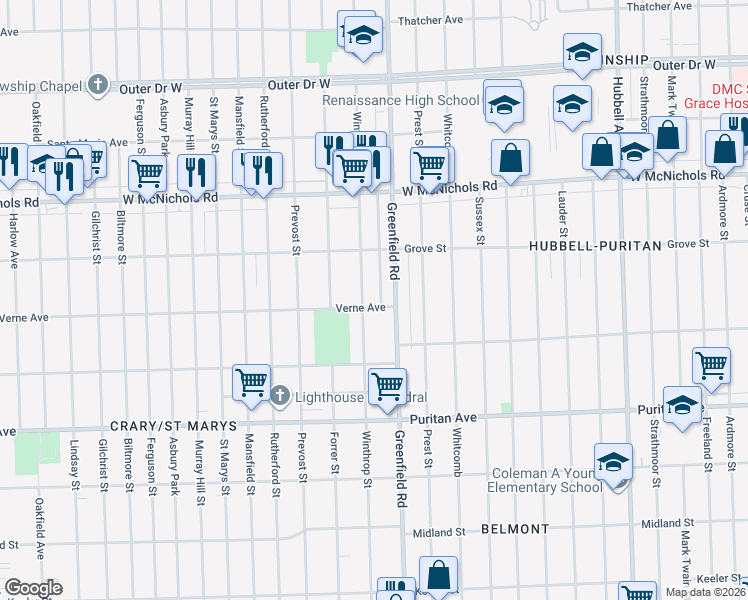 map of restaurants, bars, coffee shops, grocery stores, and more near 16708 Winthrop Street in Detroit