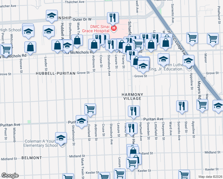 map of restaurants, bars, coffee shops, grocery stores, and more near 16556 Stansbury Avenue in Detroit