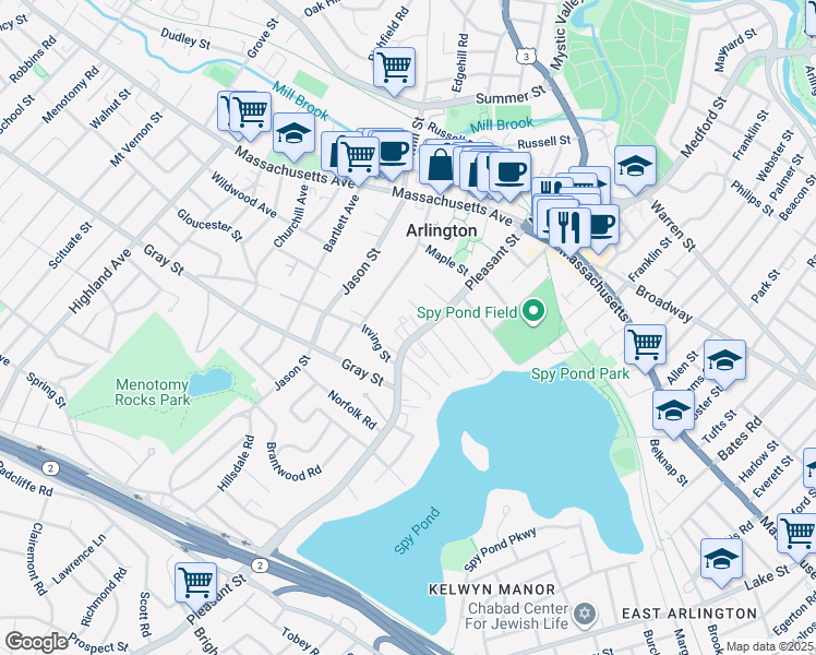 map of restaurants, bars, coffee shops, grocery stores, and more near 125 Pleasant Street in Arlington