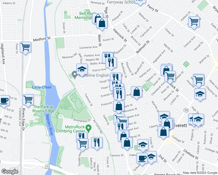 map of restaurants, bars, coffee shops, grocery stores, and more near 18 Pearl Street in Everett
