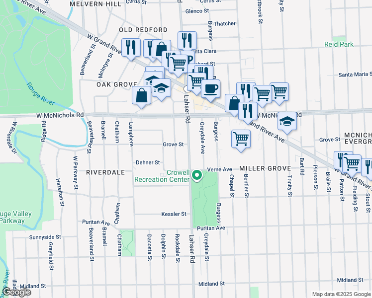 map of restaurants, bars, coffee shops, grocery stores, and more near 16763 Lahser Road in Detroit