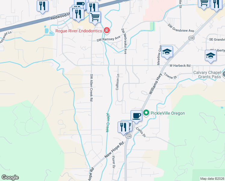 map of restaurants, bars, coffee shops, grocery stores, and more near 2290 Cullison Lane in Grants Pass