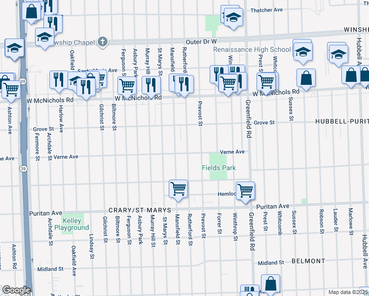 map of restaurants, bars, coffee shops, grocery stores, and more near 16713 Rutherford Street in Detroit