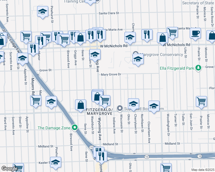 map of restaurants, bars, coffee shops, grocery stores, and more near 16524 Kentucky Street in Detroit