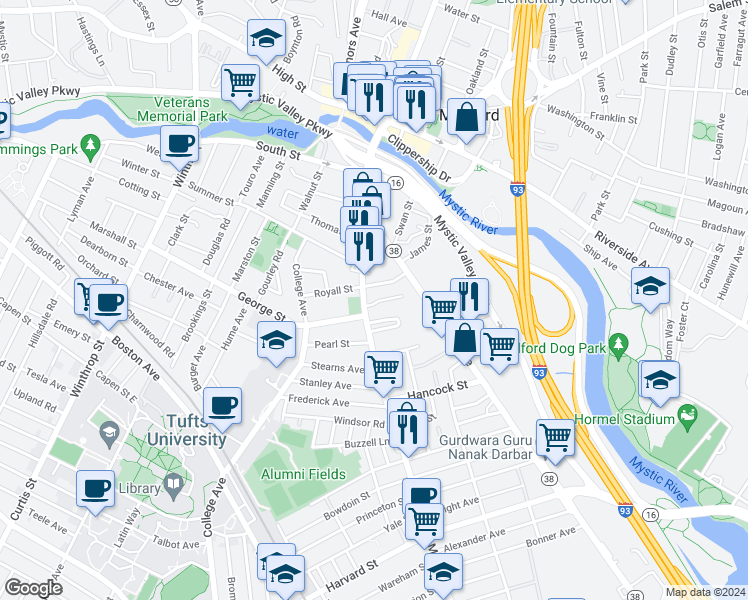 map of restaurants, bars, coffee shops, grocery stores, and more near 12 Sylvia Road in Medford