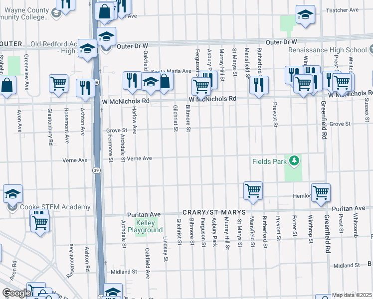 map of restaurants, bars, coffee shops, grocery stores, and more near 16719 Biltmore Street in Detroit