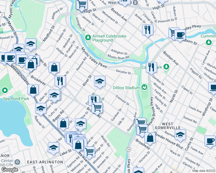 map of restaurants, bars, coffee shops, grocery stores, and more near 68 Patrick Street in Arlington