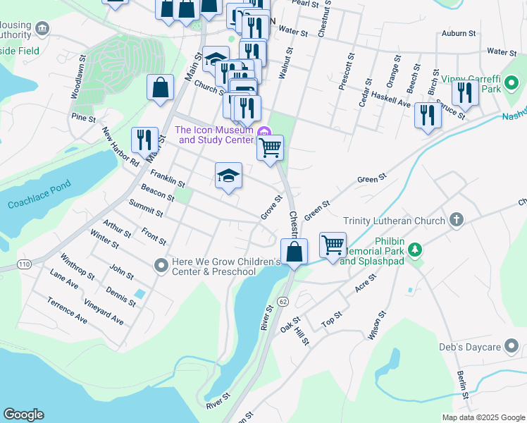 map of restaurants, bars, coffee shops, grocery stores, and more near 50 Grove Street in Clinton