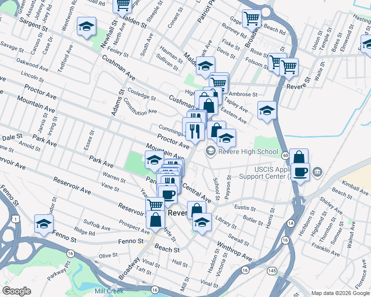 map of restaurants, bars, coffee shops, grocery stores, and more near 14 Proctor Avenue in Revere