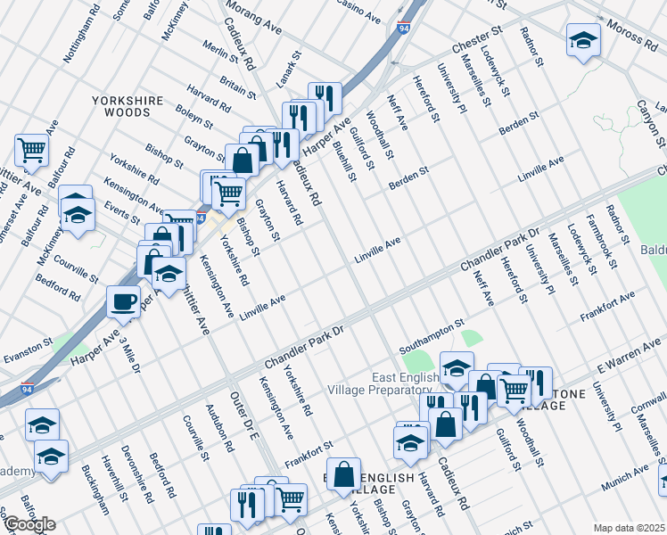 map of restaurants, bars, coffee shops, grocery stores, and more near 5876 Harvard Road in Detroit