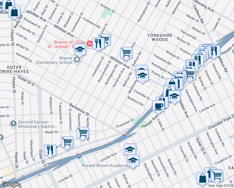 map of restaurants, bars, coffee shops, grocery stores, and more near 9899 Balfour Road in Detroit