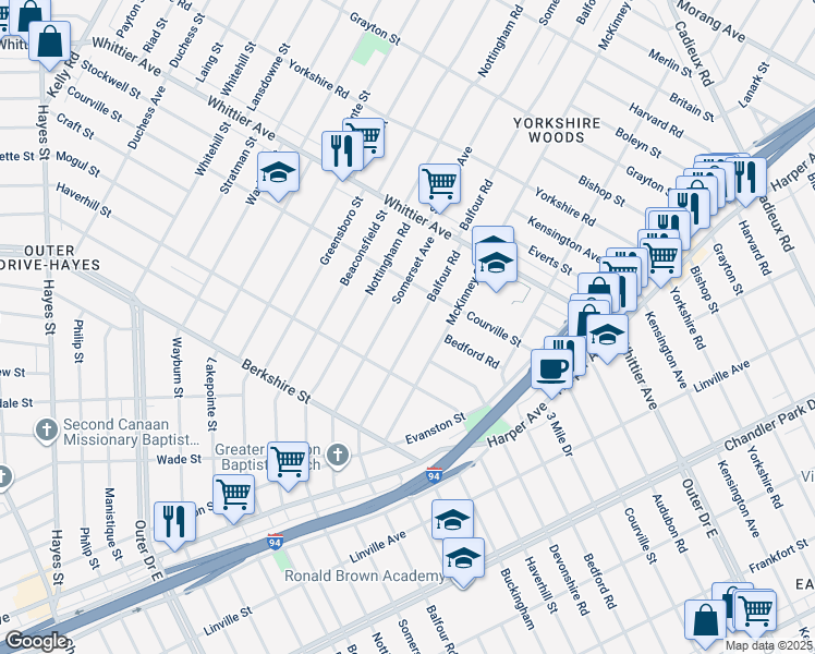 map of restaurants, bars, coffee shops, grocery stores, and more near 9899 Balfour Road in Detroit