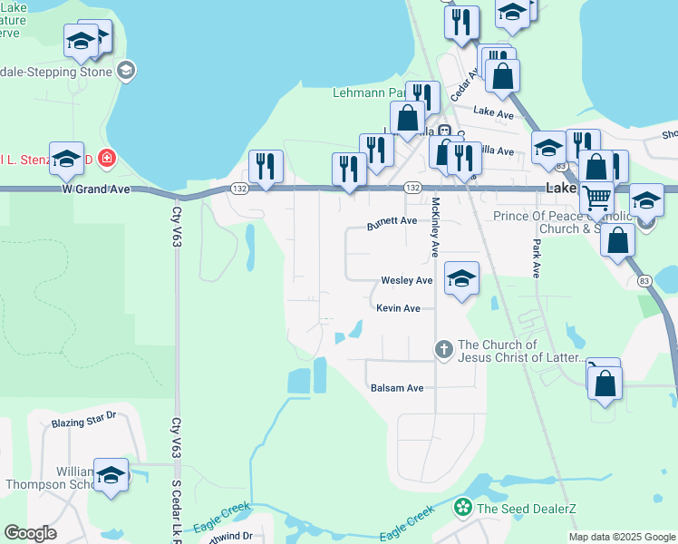 map of restaurants, bars, coffee shops, grocery stores, and more near 120 Walden Lane in Lake Villa