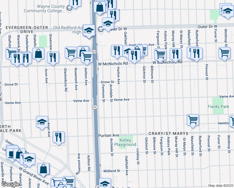 map of restaurants, bars, coffee shops, grocery stores, and more near 16725 Harlow Avenue in Detroit